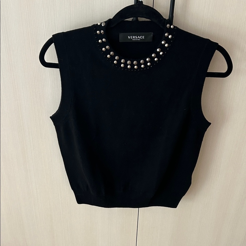 Versace Black Sleeveless Jewel-Trim Knit Tank